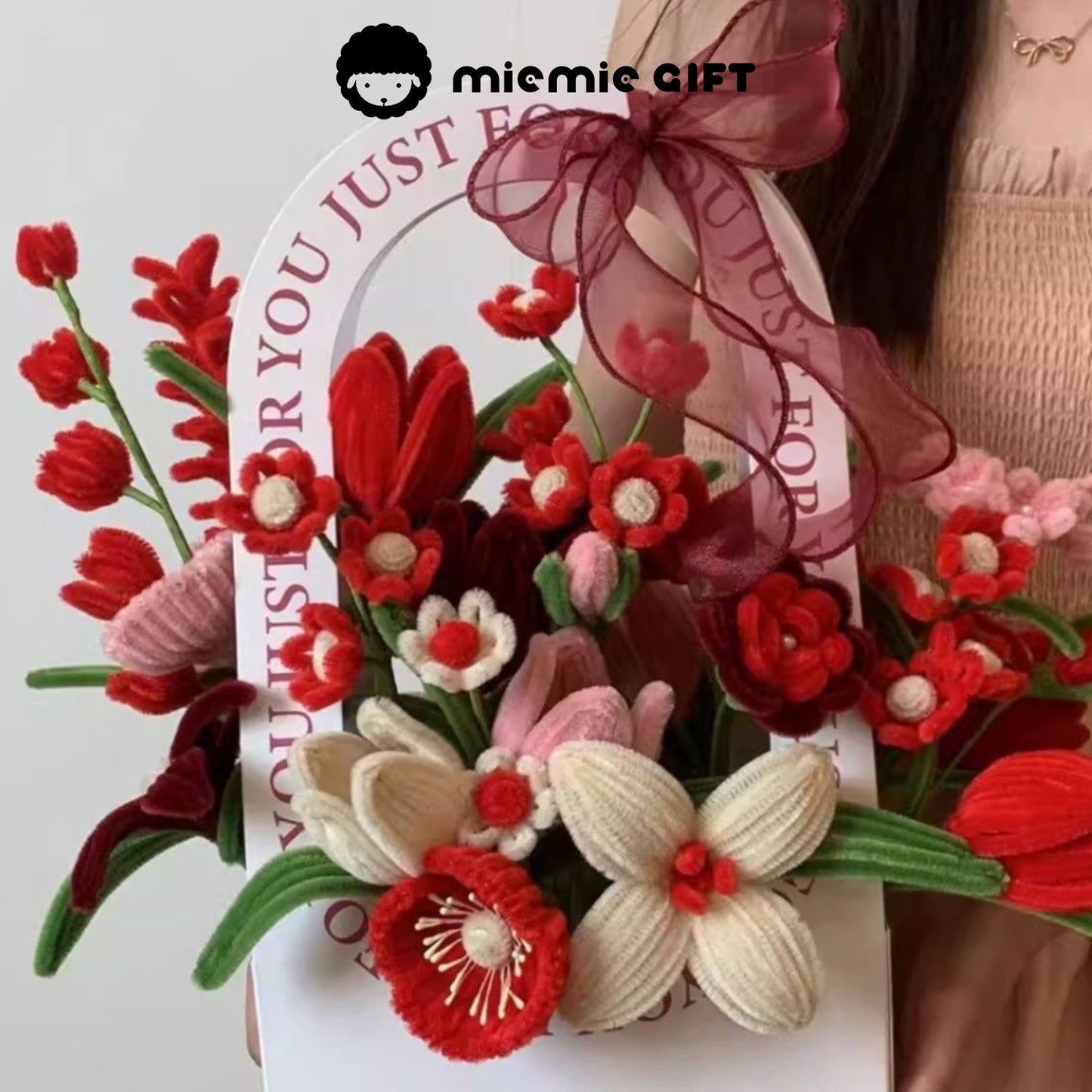 Fiery Heart Basket by MieMie Gift showcasing vibrant red and soft pink DIY pipe cleaner flowers, symbolizing passion and love in a handmade floral arrangement.
