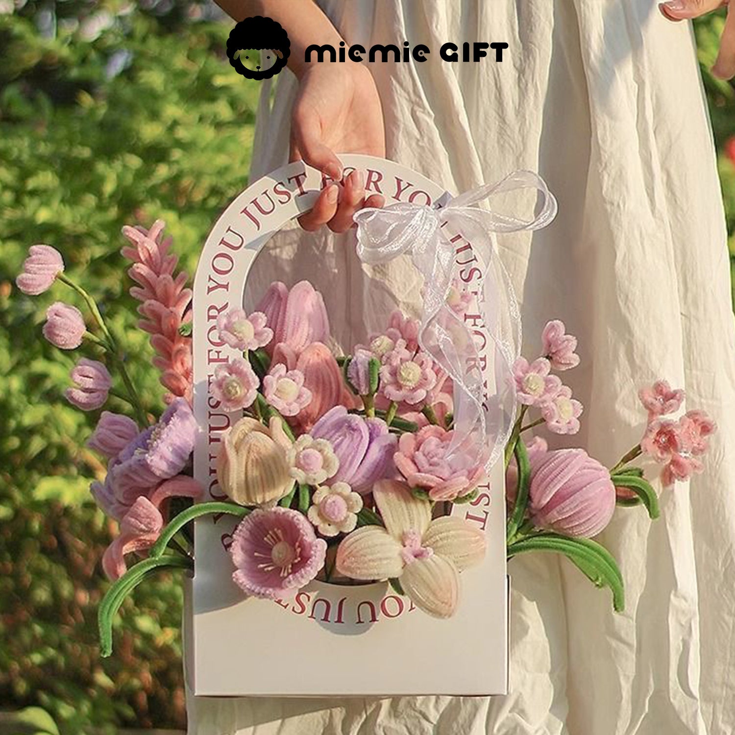 Soft Whisper Basket by MieMie Gift featuring handmade DIY flowers in pink and purple tones, crafted with pipe cleaners for a delicate and elegant look.
