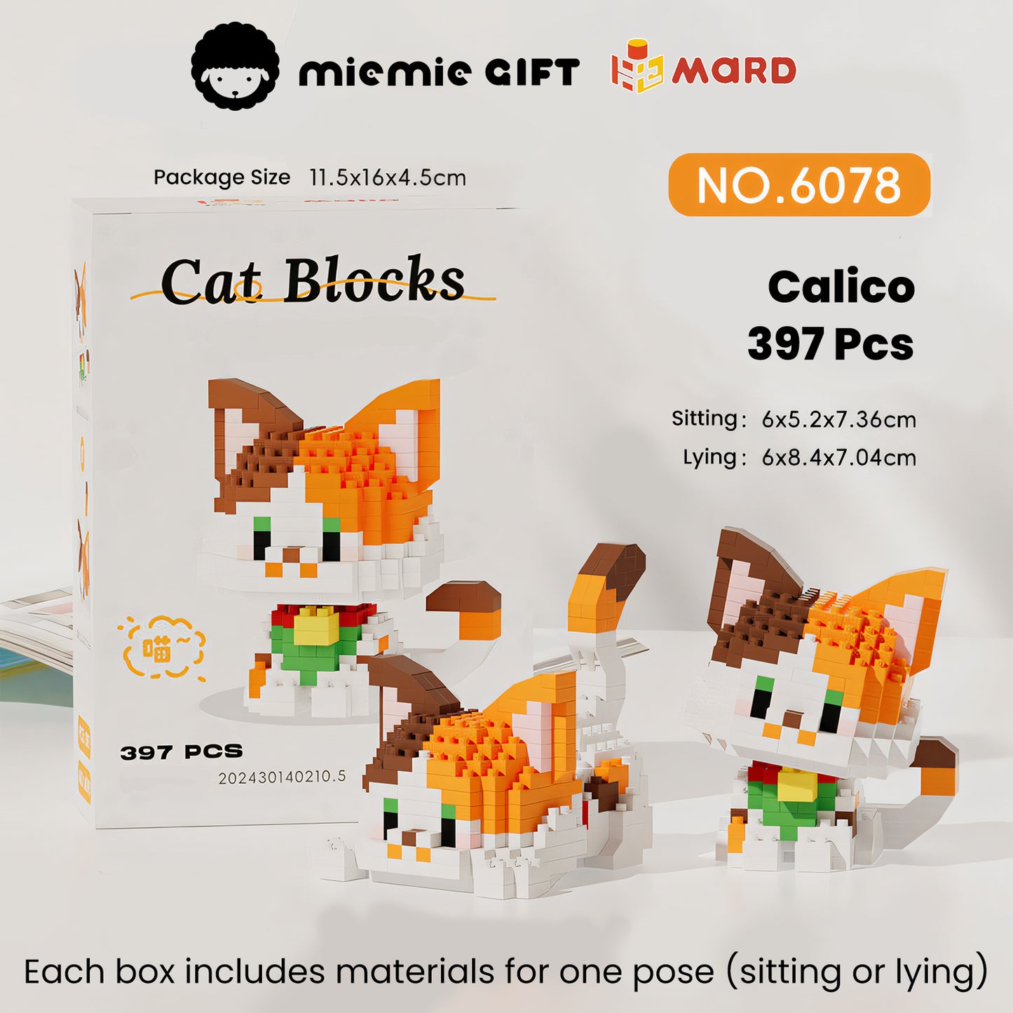 Miemie Gift's Calico Cat brick toy featuring 397 pieces. Assemble your favorite pose—sitting (6x5.2x7.36cm) or lying (6x8.4x7.04cm)—in this vibrant DIY head-shaking design. Compactly packaged (11.5x16x4.5cm), perfect for cat lovers and DIY hobbyists.