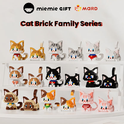 Miemie Gift's Cat Brick Family Series showcasing a full collection of 9 head-shaking cat designs, including popular breeds like Orange Cat, Ragdoll, Sphynx, and Black Cat. Perfect DIY toys for cat lovers with sitting and lying pose options.