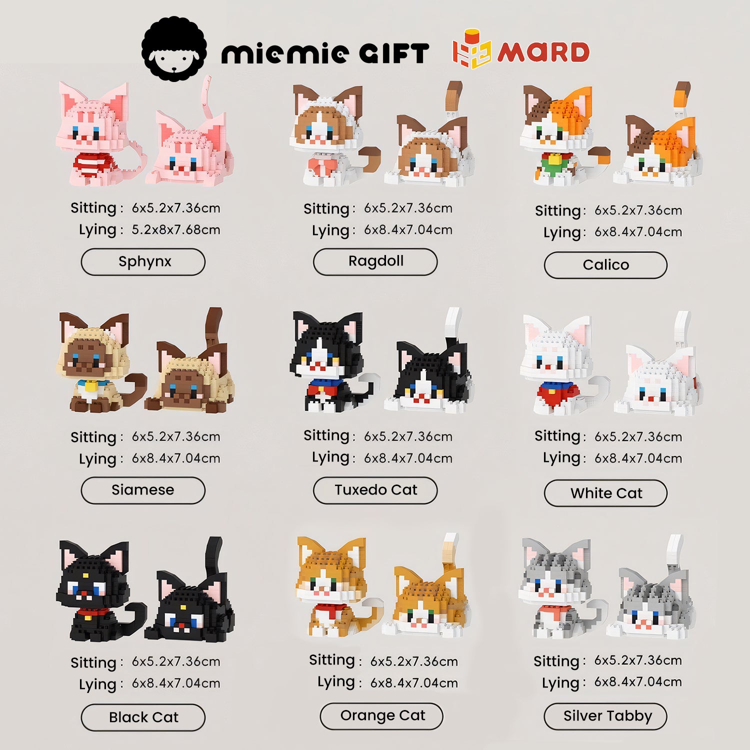 Miemie Gift's Cat Brick Family Series displaying 9 adorable head-shaking cat designs, including Sphynx, Ragdoll, Siamese, Orange Cat, and more. Each cat is shown in sitting and lying poses with precise dimensions, offering a fun and creative DIY experience for cat lovers.