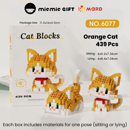 Miemie Gift's Orange Cat brick toy featuring 439 pieces. Build your preferred pose—sitting (6x5.2x7.36cm) or lying (6x8.4x7.04cm)—in this lively DIY head-shaking design. Compact packaging (11.5x16x4.5cm), ideal for cat lovers and creative builders.