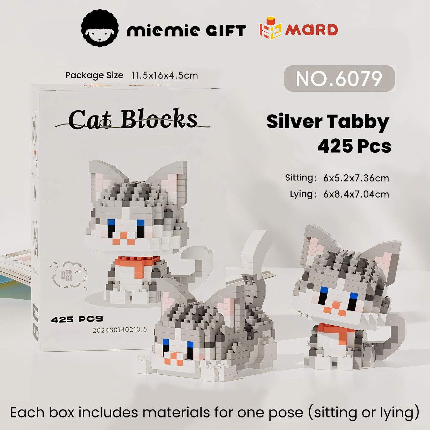 Miemie Gift's Silver Tabby Cat brick toy featuring 425 pieces. Build your favorite pose—sitting (6x5.2x7.36cm) or lying (6x8.4x7.04cm)—in this detailed DIY head-shaking design. Packaged in a convenient 11.5x16x4.5cm box, perfect for cat enthusiasts and creative builders.