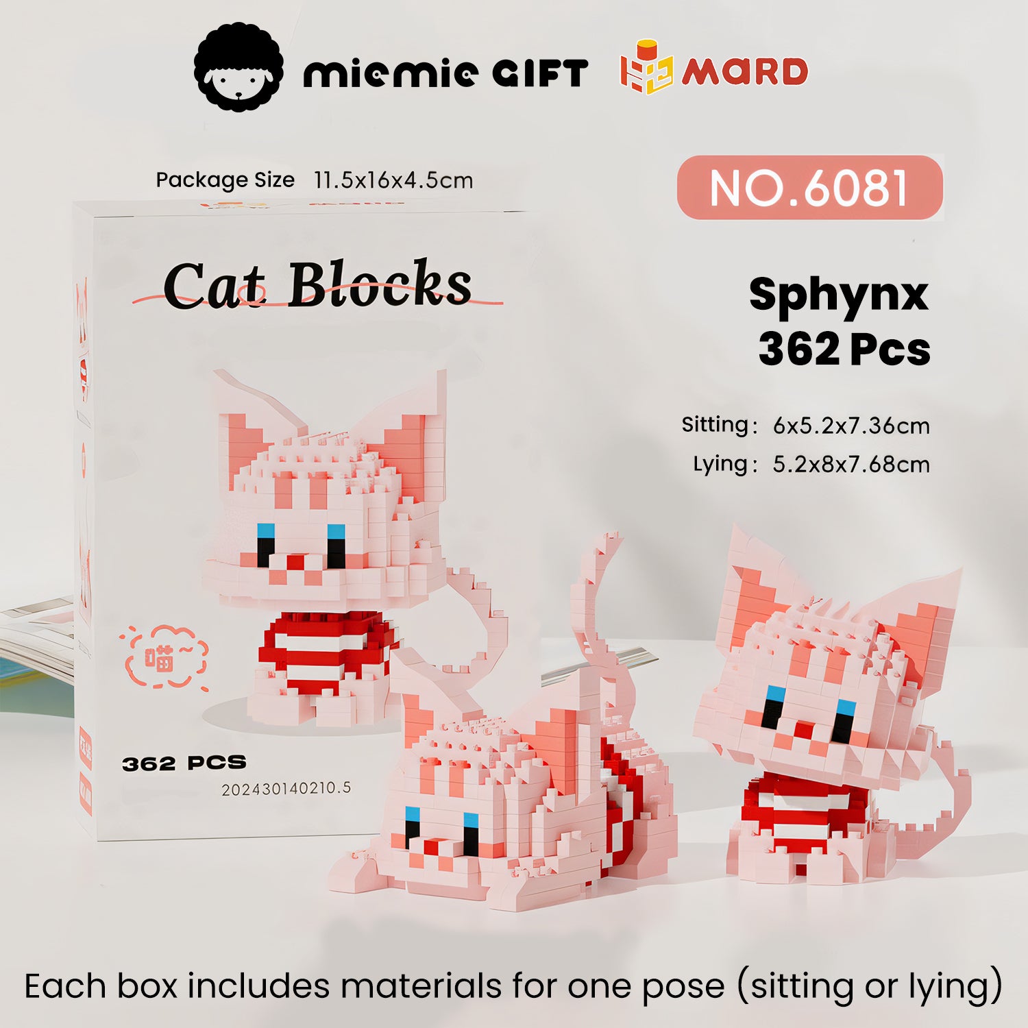 Miemie Gift's Sphynx Cat brick toy featuring 362 pieces. Create your favorite pose—sitting (6x5.2x7.36cm) or lying (5.2x8x7.68cm)—with this unique DIY head-shaking design. Compact packaging (11.5x16x4.5cm) makes it an ideal gift for cat lovers and creative builders.