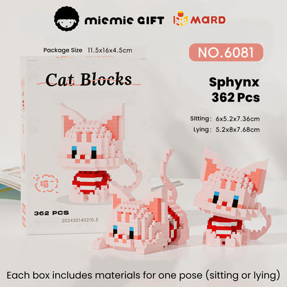 Miemie Gift's Sphynx Cat brick toy featuring 362 pieces. Create your favorite pose—sitting (6x5.2x7.36cm) or lying (5.2x8x7.68cm)—with this unique DIY head-shaking design. Compact packaging (11.5x16x4.5cm) makes it an ideal gift for cat lovers and creative builders.