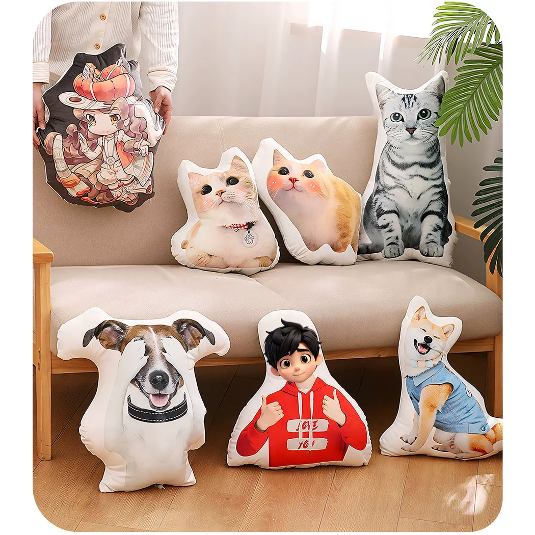 A collection of custom photo pillows featuring cats, a dog, and a cartoon character, demonstrating versatile and adorable designs for all preferences.