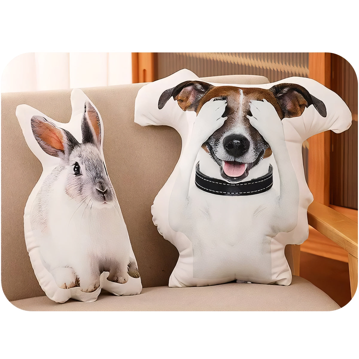 Close-up of a personalized dog photo pillow with a playful design and a bunny-shaped custom pillow, emphasizing the unique and fun customization.

