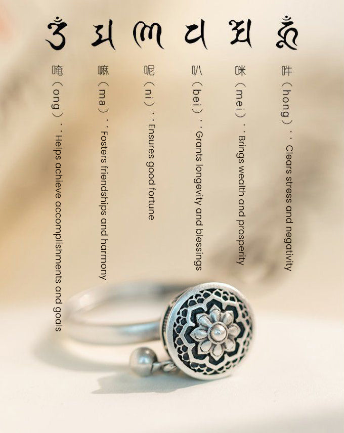 Rotatable S925 sterling silver ring featuring an intricate lotus design, accompanied by the Six-Word Mantra symbols and their meanings, symbolizing blessings, harmony, and good fortune.