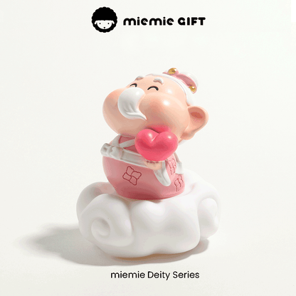 Miemie Gift Deity Series: A delightful mini figurine of Yue Lao, the Chinese god of love, sitting on a cloud with a pink heart, symbolizing the binding of hearts in love